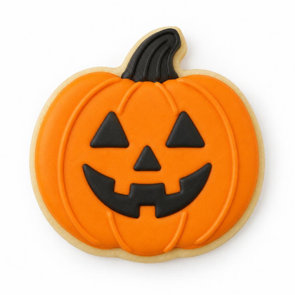 Jack-o'-lantern sugar cookie with orange and black icing