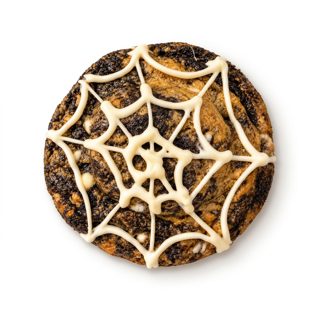 Cookies and cream cookie with a white chocolate spiderweb drizzle
