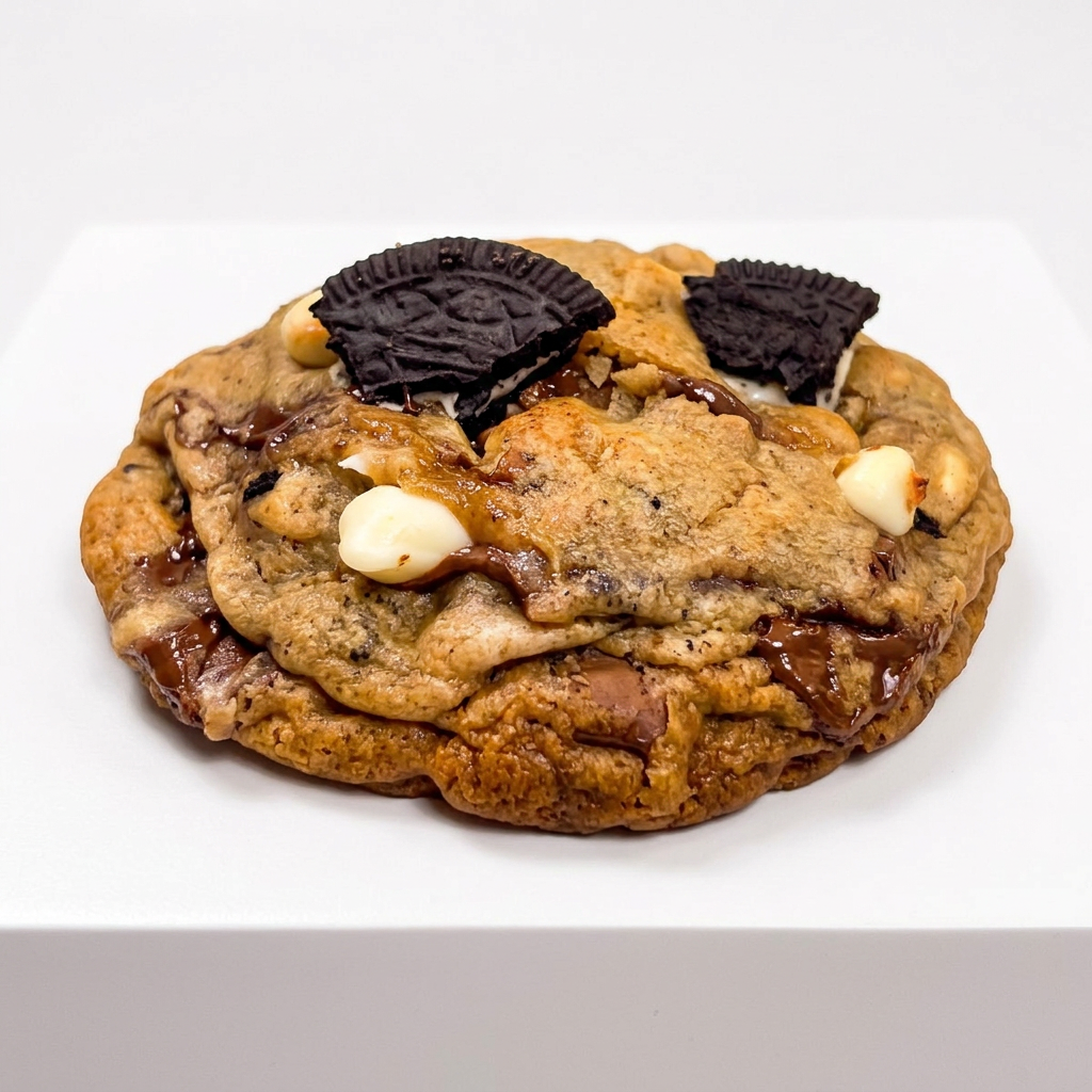 Oreo chocolate chip cookie photographed from a low side angle
