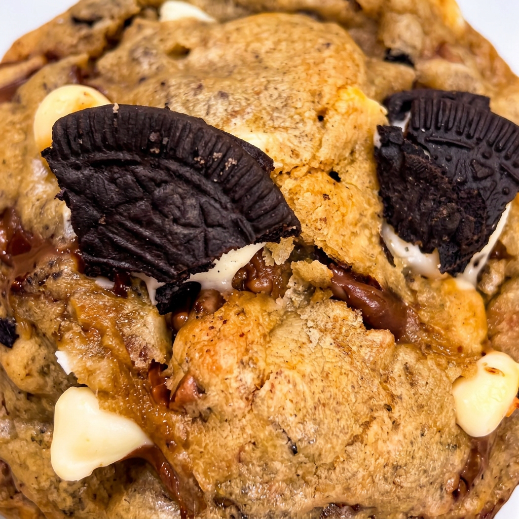 Close-up of Oreo chunks and chocolate chips on top of the cookie