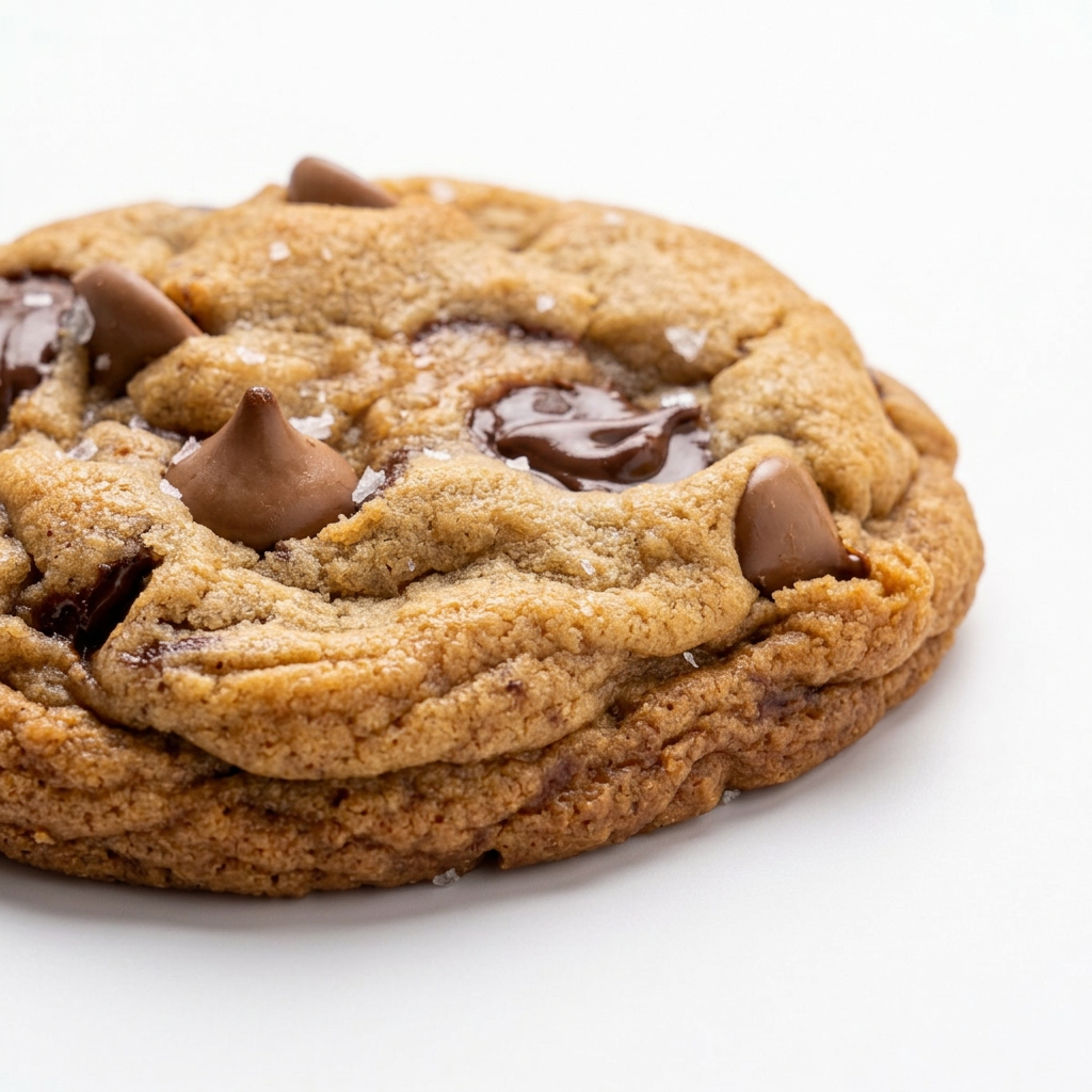 Sea salt chocolate chip cookie from a low side angle showing thick chewy edges