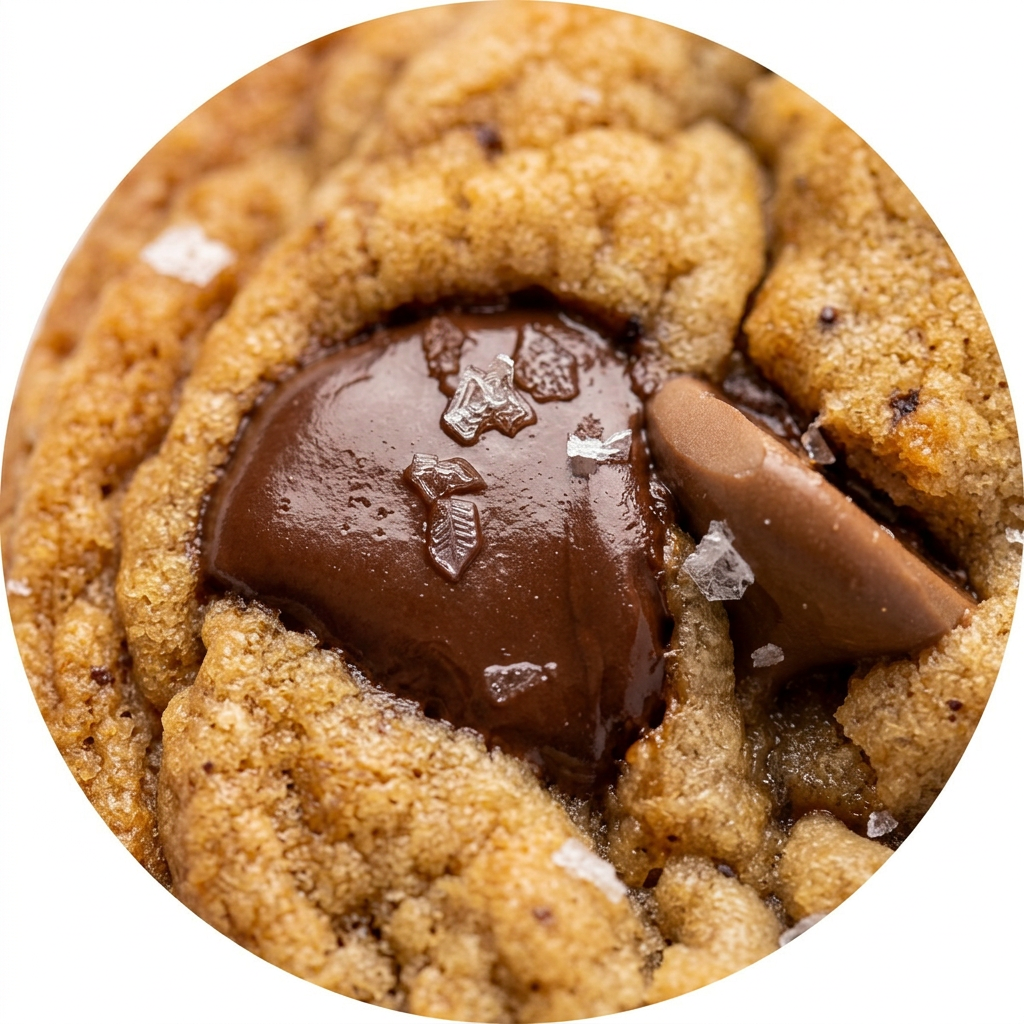 Close-up of melted chocolate pools and flaky sea salt on the cookie