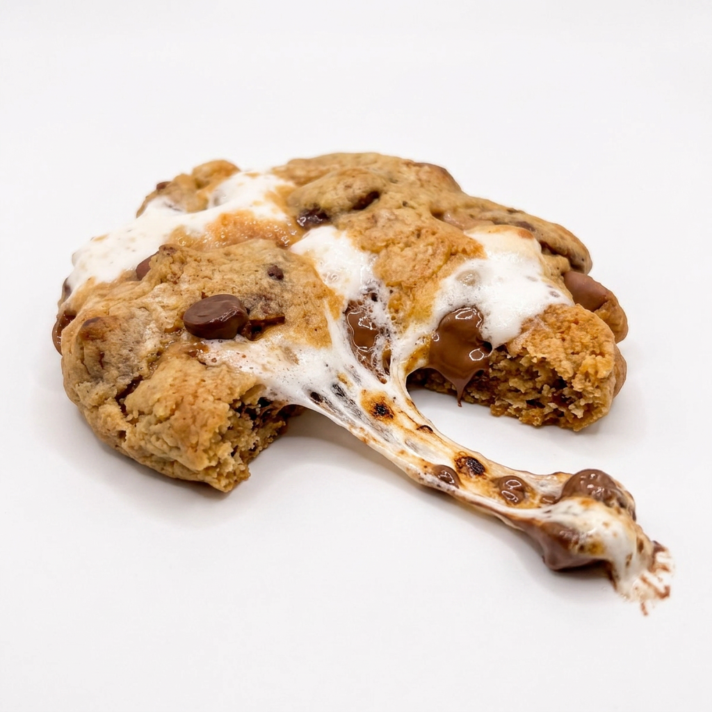S'mores Biscoff cookie from a low side angle with a marshmallow pull