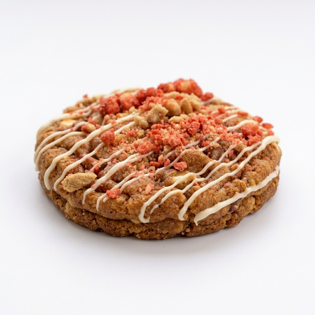 Strawberry shortcake cookie from a low side angle showing its thick edge