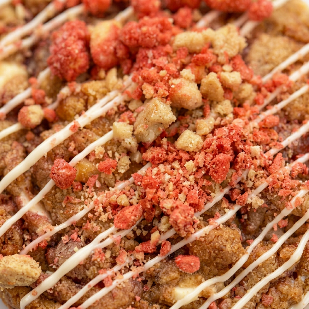 Close-up of strawberry crumble and white chocolate drizzle